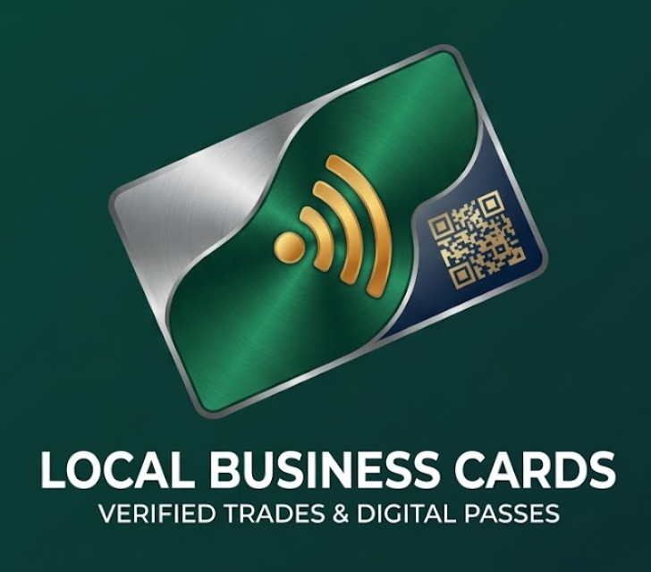 Local Business Cards & Verified Trades Directory logo featuring a metallic business card icon with NFC contactless waves and golden QR matrix accents.